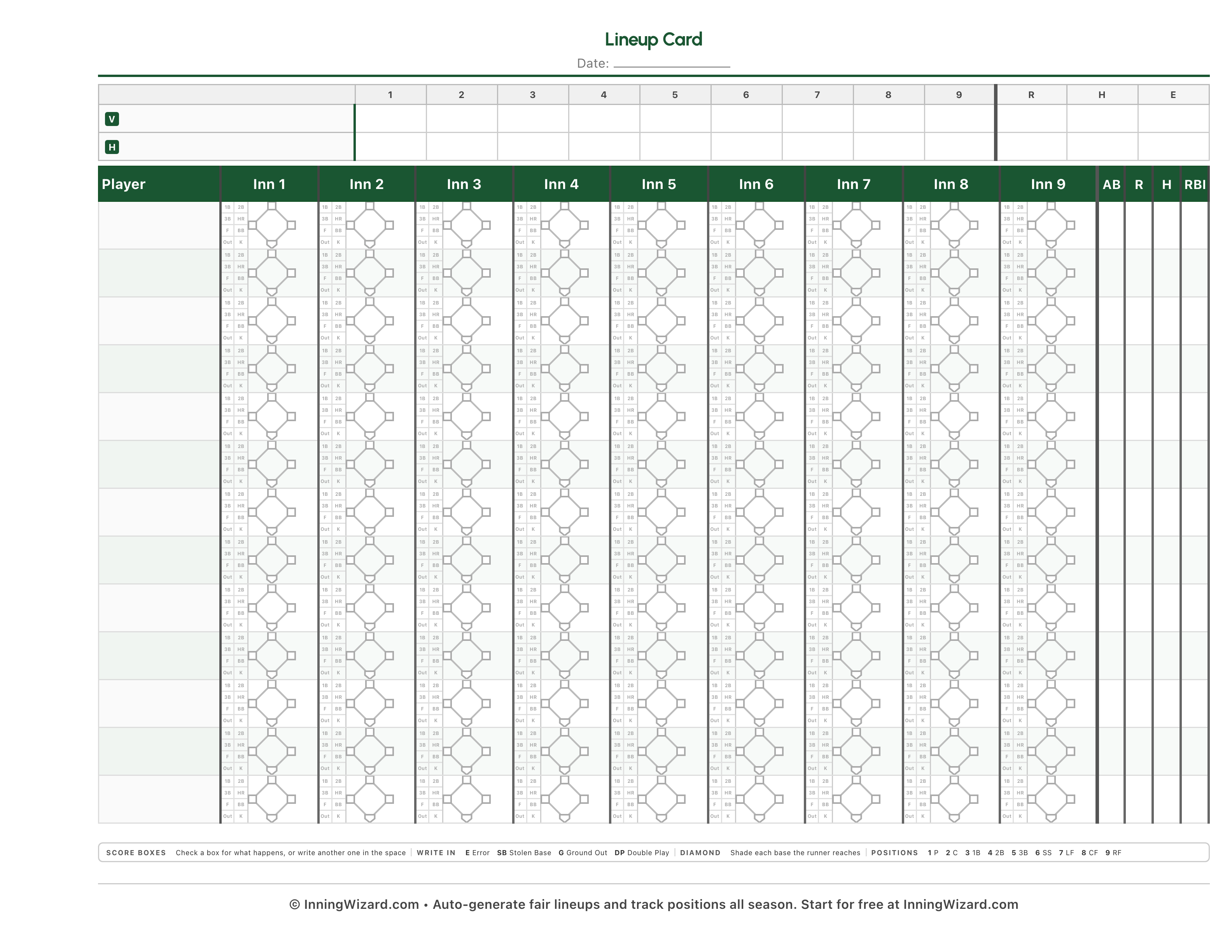 Landscape 9-inning lineup template preview