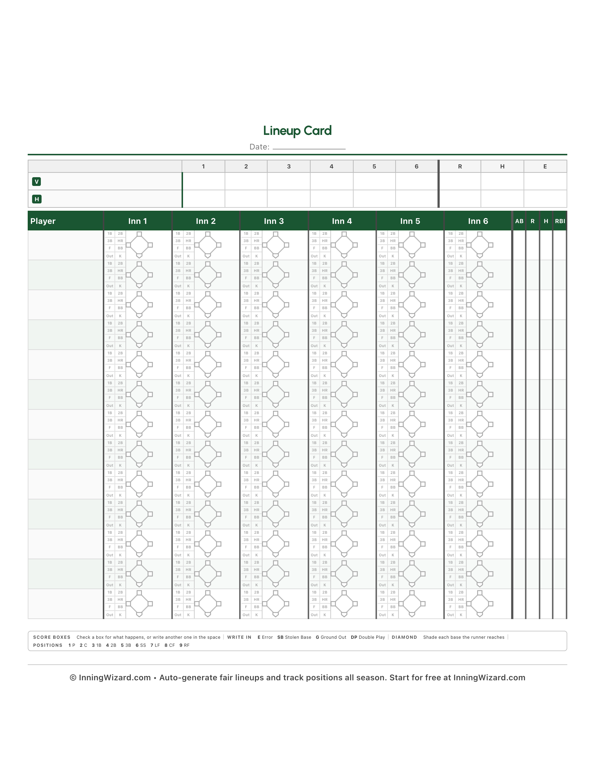 Portrait 6-inning lineup template preview